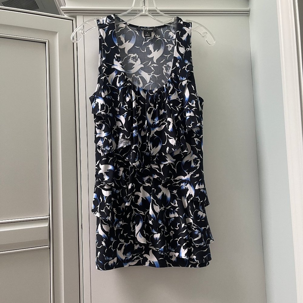 White House Black Market Ruffle Tank, S, hints of blue, only worn once